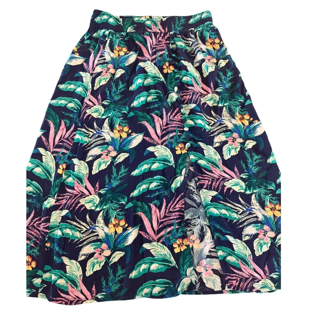 LOFT Tropical Floral Maxi Skirt‎ Womens XSP Navy Blue Button Side Slit Petite